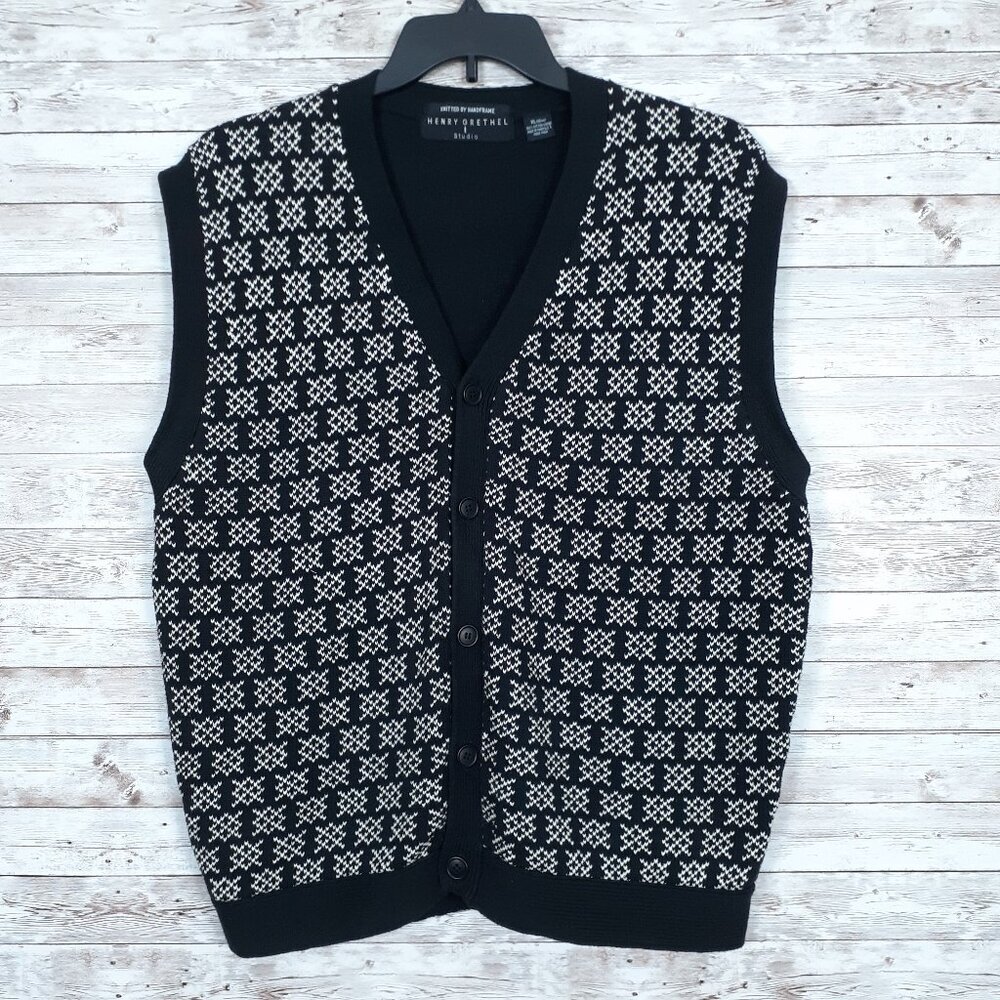 Henry Grethel Mens Knit Sweater Vest XL Hand Knitted Button Up Black White  364A